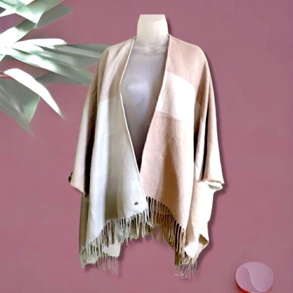 PONCHO/Cardigan Soia & Kyo  PINK/CREAM/ GRAY Draped  FRINGED Beautiful & Soft - Picture 1 of 12